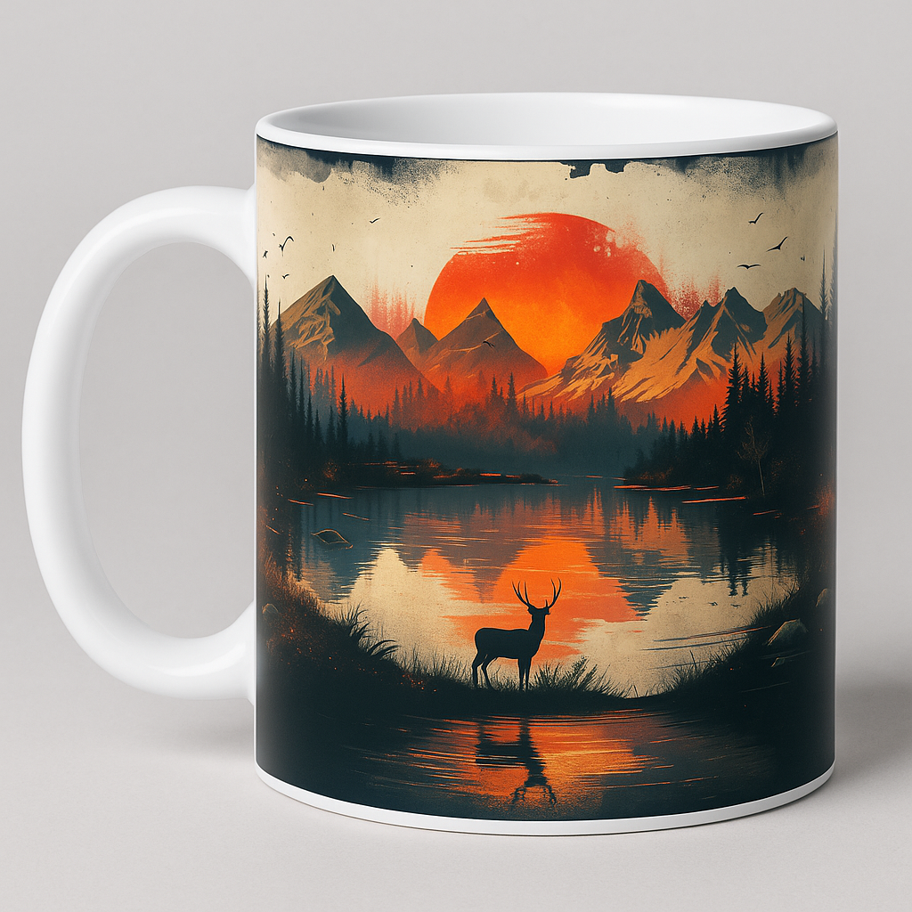Naturmotiv Tasse – Sonnenuntergang & Hirsch